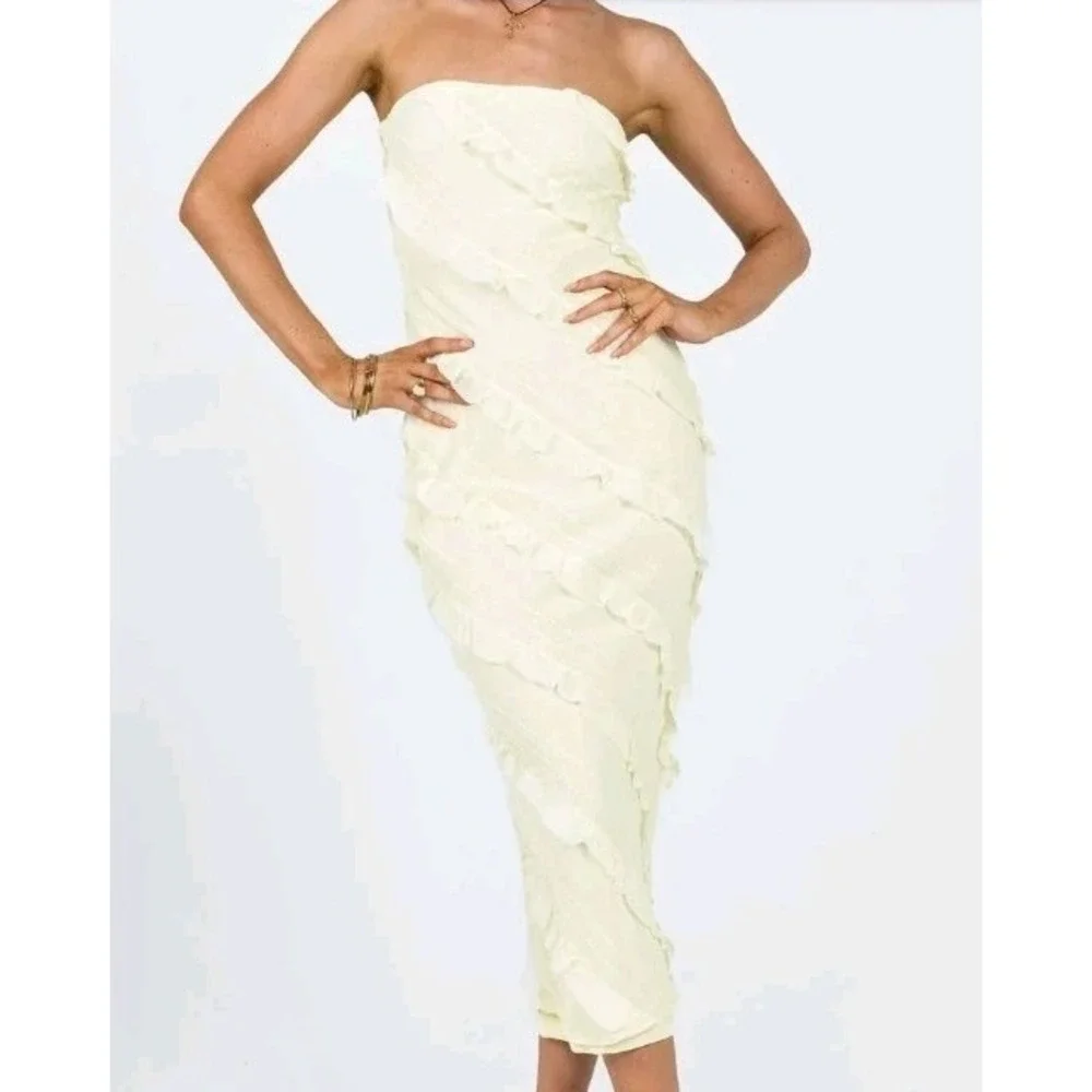 Princess Polly Baylie Dress 10 Beige Ruffled Halter Top Midi Size